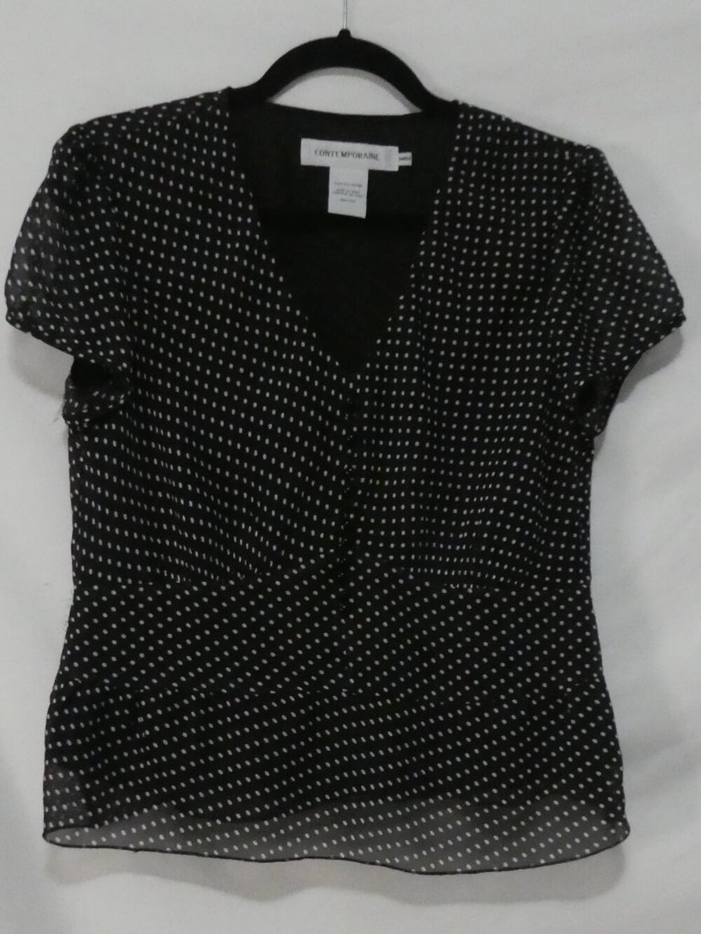CONTEMPORAINE By Simons Black Polka Dot V-Neck Chiffon Blouse - Medium